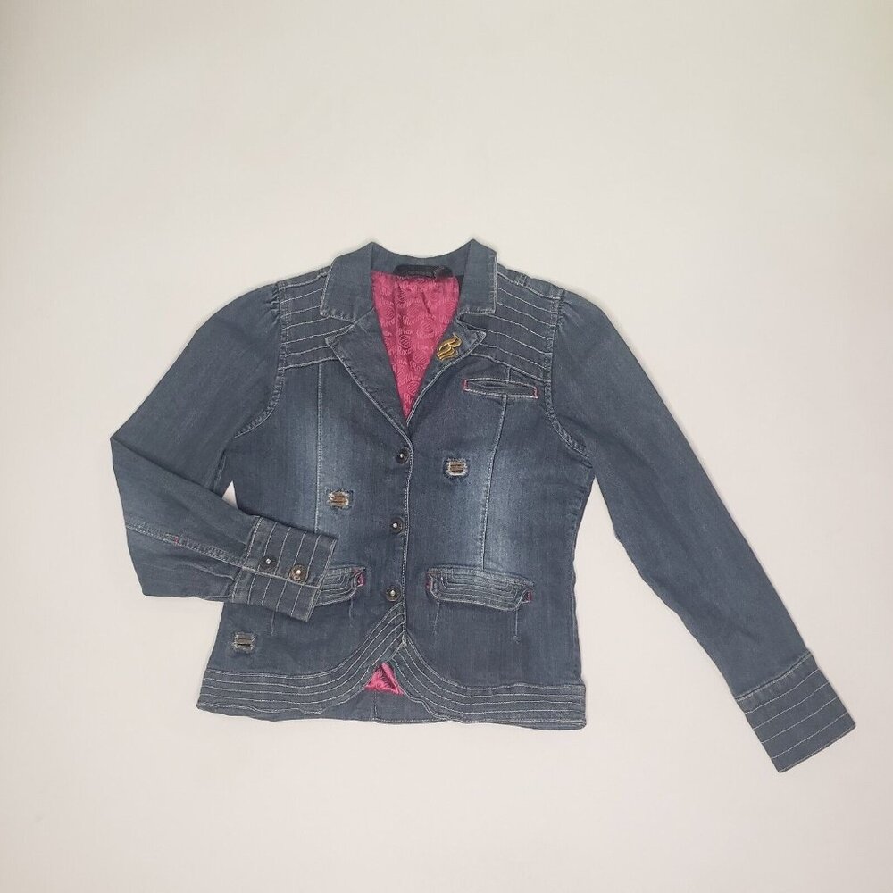 Rocawear Denim Jacket Girl Large 10/12 Medium Wash Magenta Satin Lined Y2K Retro - Picture 6 of 16